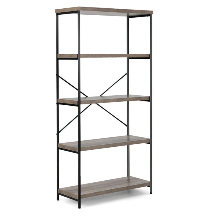 Hommoo Bookshelf,Shelf, Open Bookcase Book Shelf, 5-Tier Industrial Bookshelf Display Storage Rack with Metal Frame-Gray Image 1