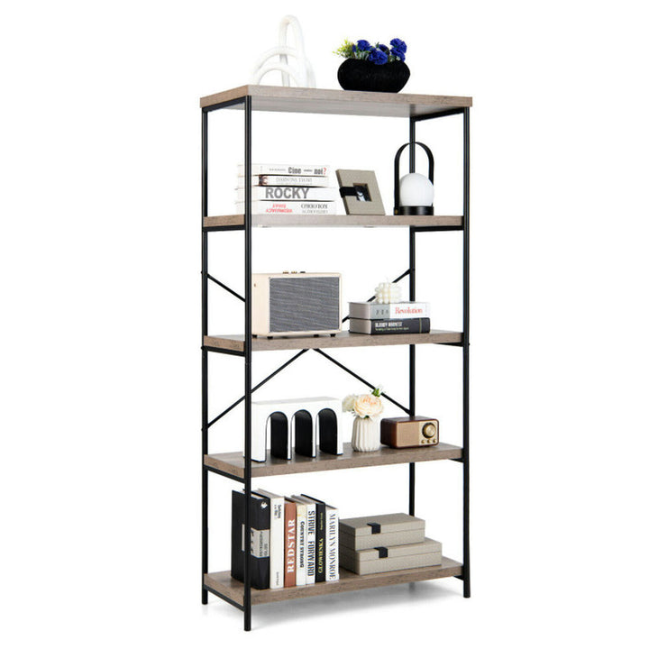 Hommoo Bookshelf,Shelf, Open Bookcase Book Shelf, 5-Tier Industrial Bookshelf Display Storage Rack with Metal Frame-Gray Image 2