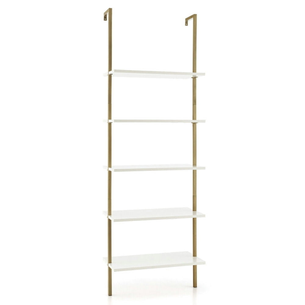 Hommoo Bookshelf,Shelf, Open Bookcase Book Shelf, 5 Tier Ladder Shelf Wall-Mounted Bookcase with Steel Frame-Golden Image 1