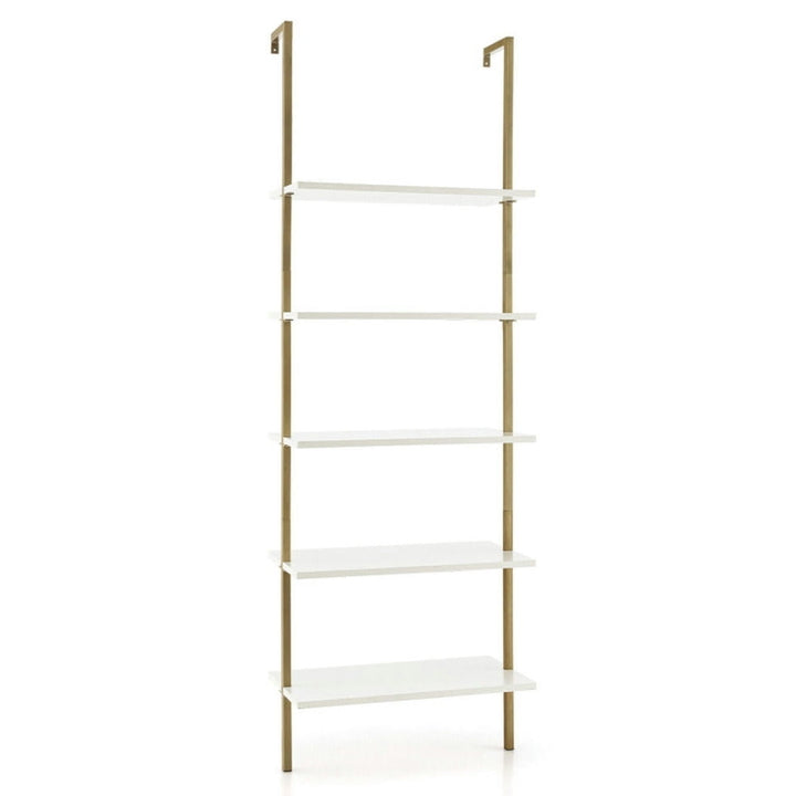 Hommoo Bookshelf,Shelf, Open Bookcase Book Shelf, 5 Tier Ladder Shelf Wall-Mounted Bookcase with Steel Frame-Golden Image 1