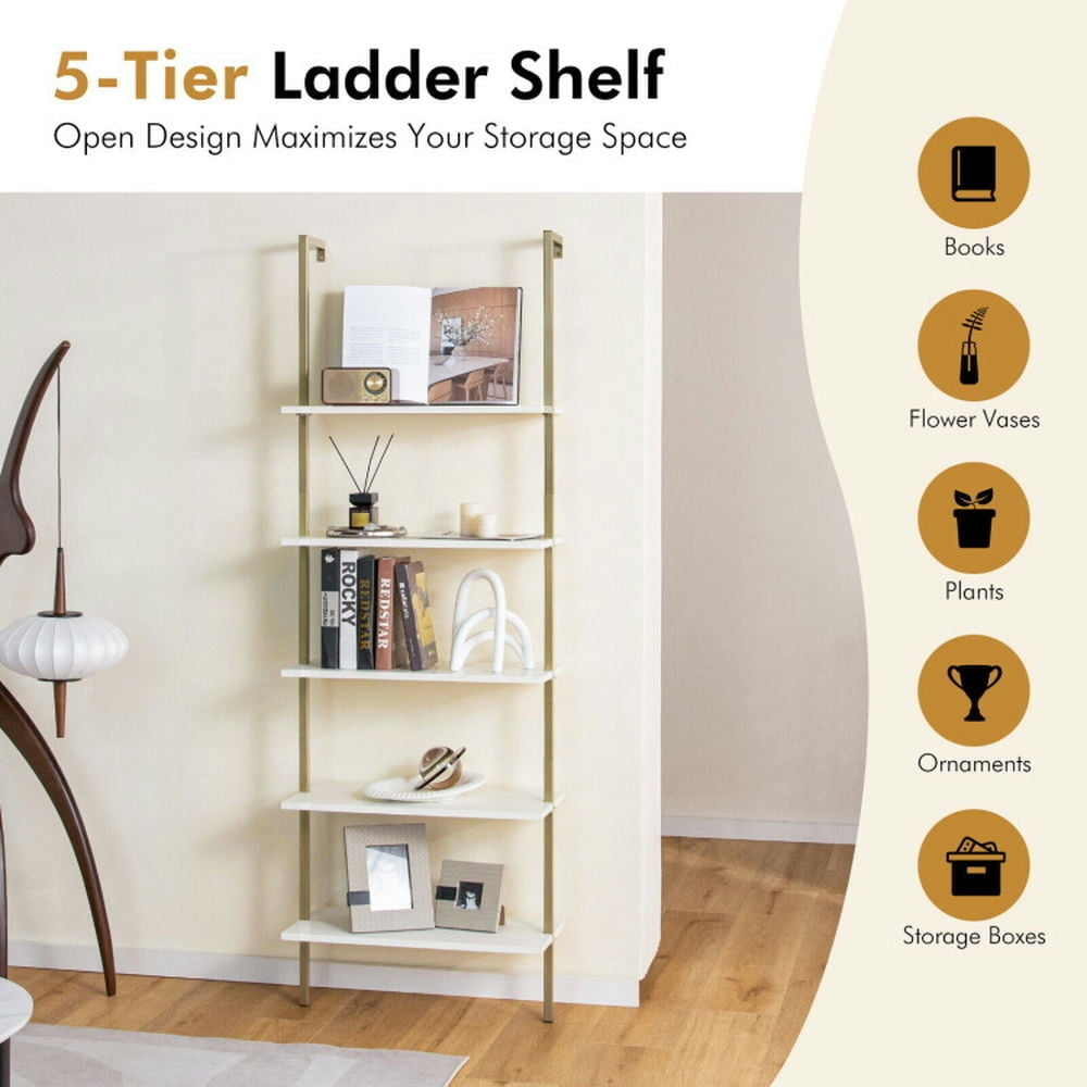 Hommoo Bookshelf,Shelf, Open Bookcase Book Shelf, 5 Tier Ladder Shelf Wall-Mounted Bookcase with Steel Frame-Golden Image 2