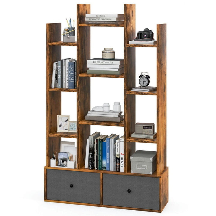 Hommoo Bookshelf,Shelf, Open Bookcase Book Shelf, 12-Tier Open-Back Freestanding Bookshelf with Drawer-Rustic Brown Image 1