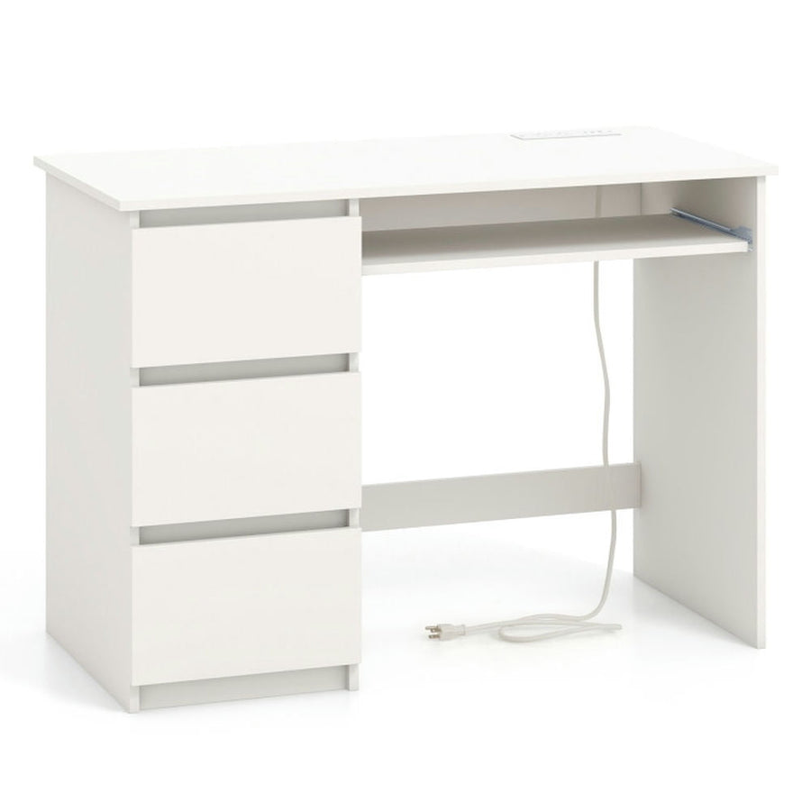 Hommoo Gaming Computer Desk,Computer Desk with Power Outlet Keyboard Tray and 3 Large Drawers-White Image 1