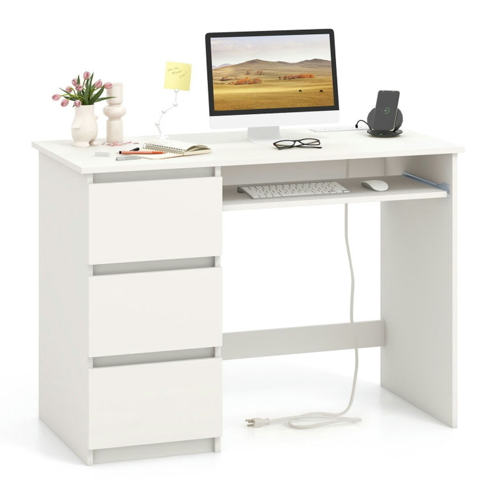 Hommoo Gaming Computer Desk,Computer Desk with Power Outlet Keyboard Tray and 3 Large Drawers-White Image 2