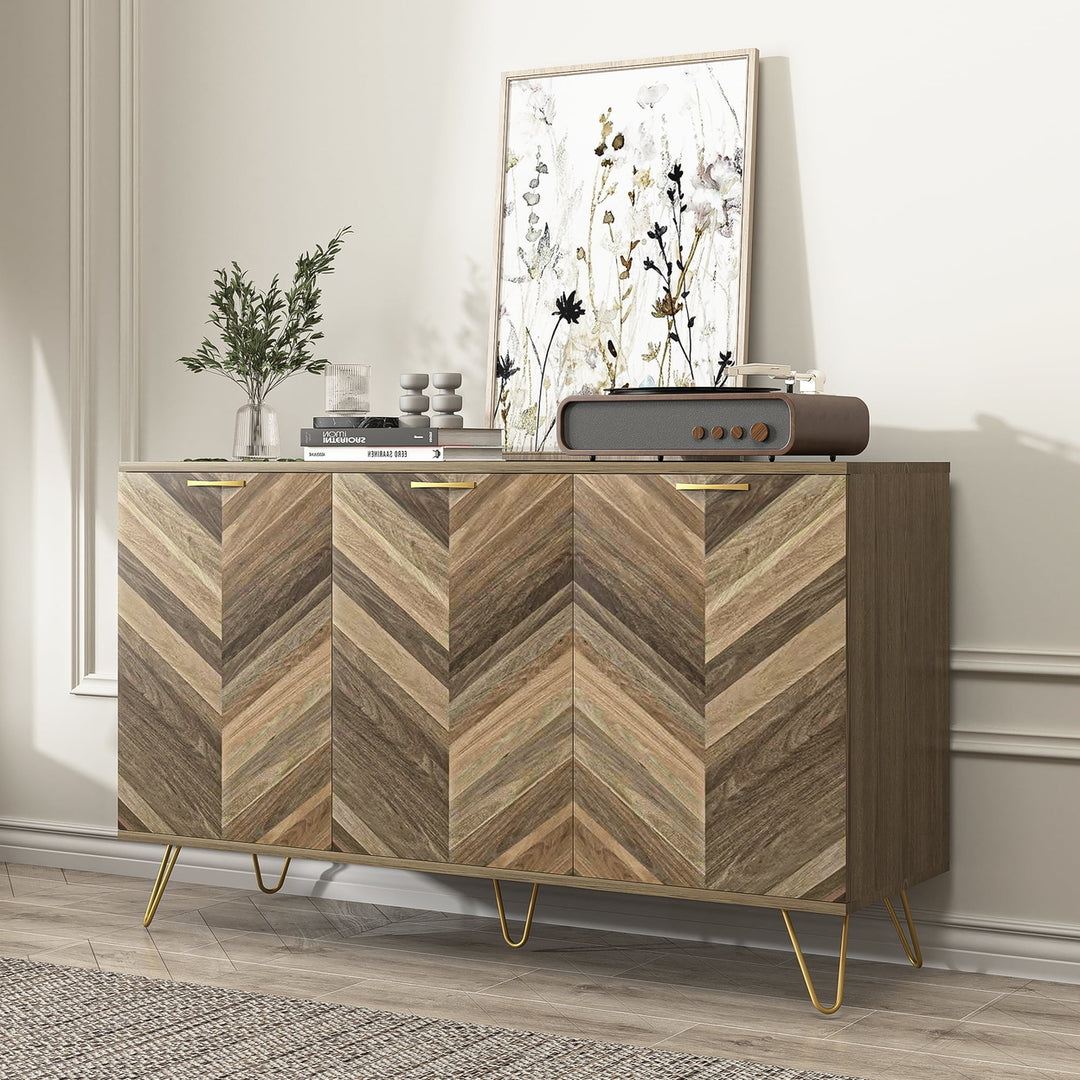 Hommoo Modern Sideboard Buffet, Storage Accent Cabinet with 3 Doors and Matte Metal Base for Hallway, Entryway, Walnut Image 7