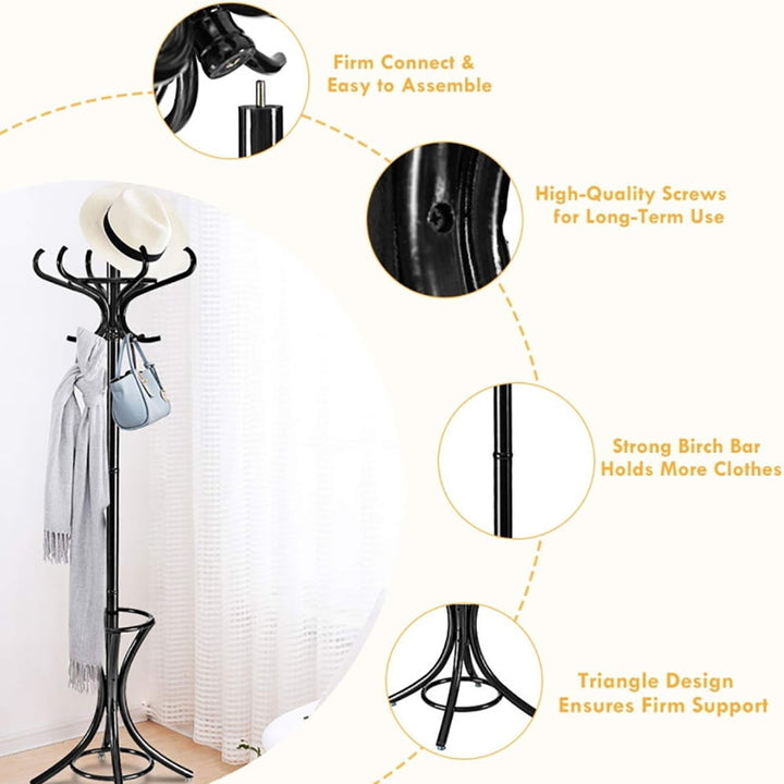 Hommoo Wood Standing Hat Coat Rack with Umbrella Stand-Black, Tree Shaped Coat and Hat Hanger, Coat Racks for Foyer and Image 2