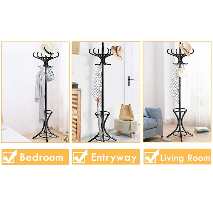 Hommoo Wood Standing Hat Coat Rack with Umbrella Stand-Black, Tree Shaped Coat and Hat Hanger, Coat Racks for Foyer and Image 3