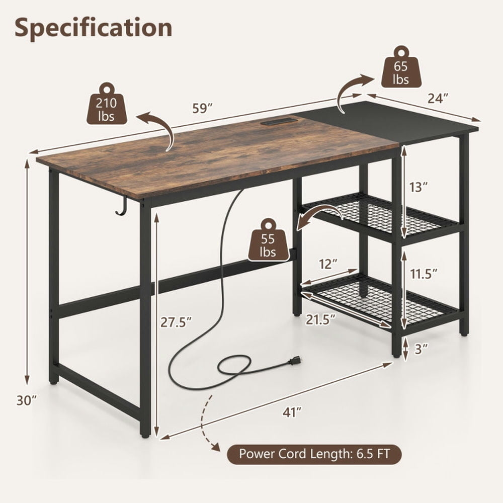 Hommoo 59 Inch Home Office Computer Desk with Removable Storage Shelves-Rustic Brown, Gaming Computer Desks for Image 4