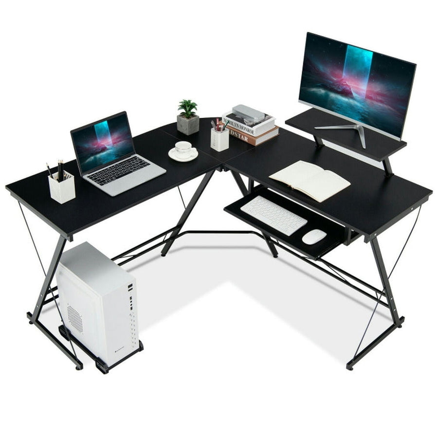 Hommoo L Shaped Computer Desk Home Office Workstation with Movable Monitor Stand-Black, Gaming Computer Desks for Image 1