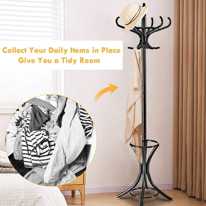 Hommoo Wood Standing Hat Coat Rack with Umbrella Stand-Black, Tree Shaped Coat and Hat Hanger, Coat Racks for Foyer and Image 4