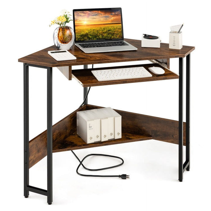 Hommoo Triangle Corner Desk with Charging Station Keyboard Tray and Storage Shelf-Rustic Brown Image 1