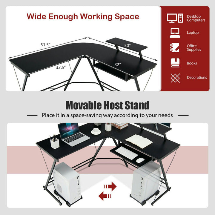 Hommoo L Shaped Computer Desk Home Office Workstation with Movable Monitor Stand-Black, Gaming Computer Desks for Image 2