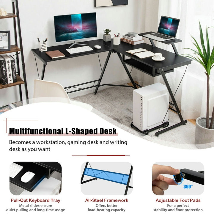 Hommoo L Shaped Computer Desk Home Office Workstation with Movable Monitor Stand-Black, Gaming Computer Desks for Image 3