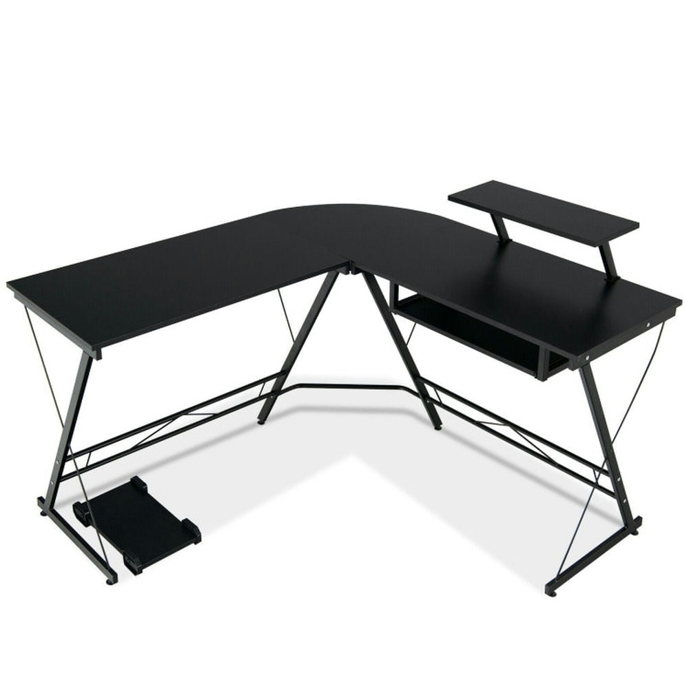 Hommoo L Shaped Computer Desk Home Office Workstation with Movable Monitor Stand-Black, Gaming Computer Desks for Image 4