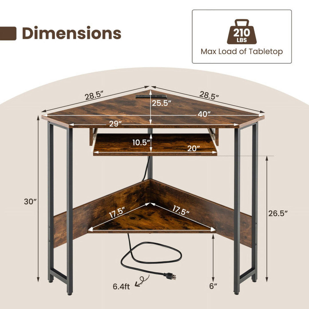 Hommoo Triangle Corner Desk with Charging Station Keyboard Tray and Storage Shelf-Rustic Brown Image 3