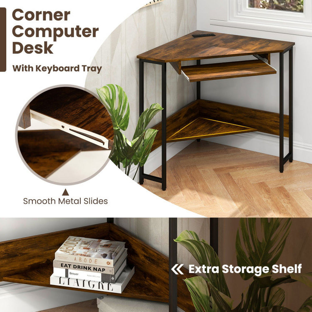 Hommoo Triangle Corner Desk with Charging Station Keyboard Tray and Storage Shelf-Rustic Brown Image 4