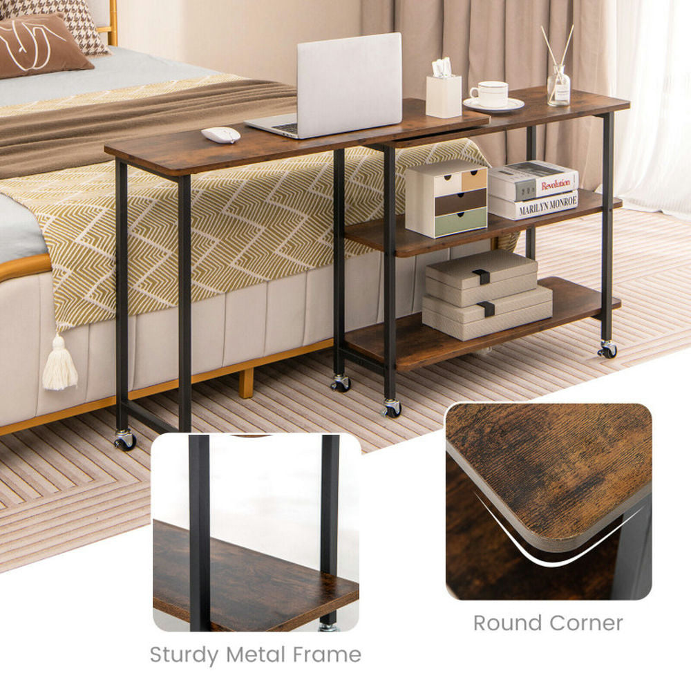 Hommoo 360  Rotating Sofa Side Table with 2-Tier Storage Shelves-Rustic Brown, Gaming Computer Desks for Image 3