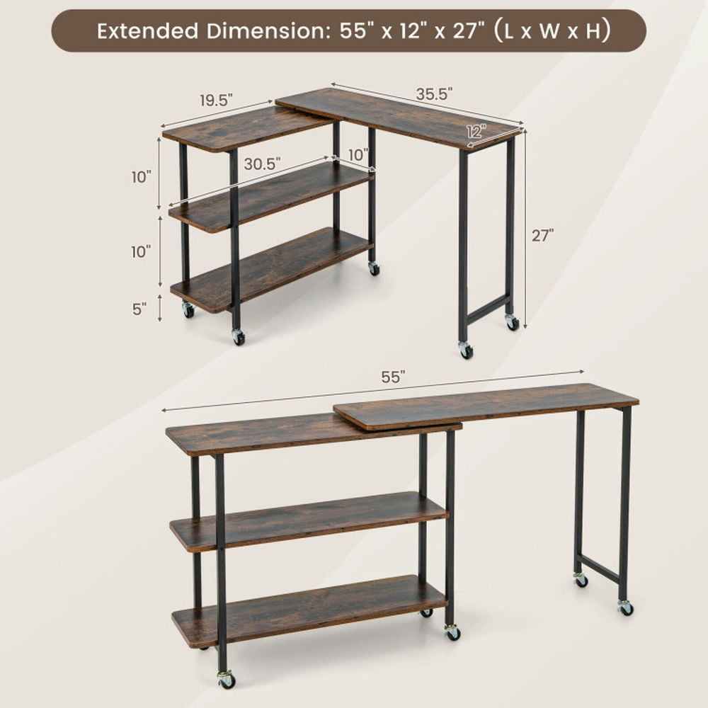 Hommoo 360  Rotating Sofa Side Table with 2-Tier Storage Shelves-Rustic Brown, Gaming Computer Desks for Image 4