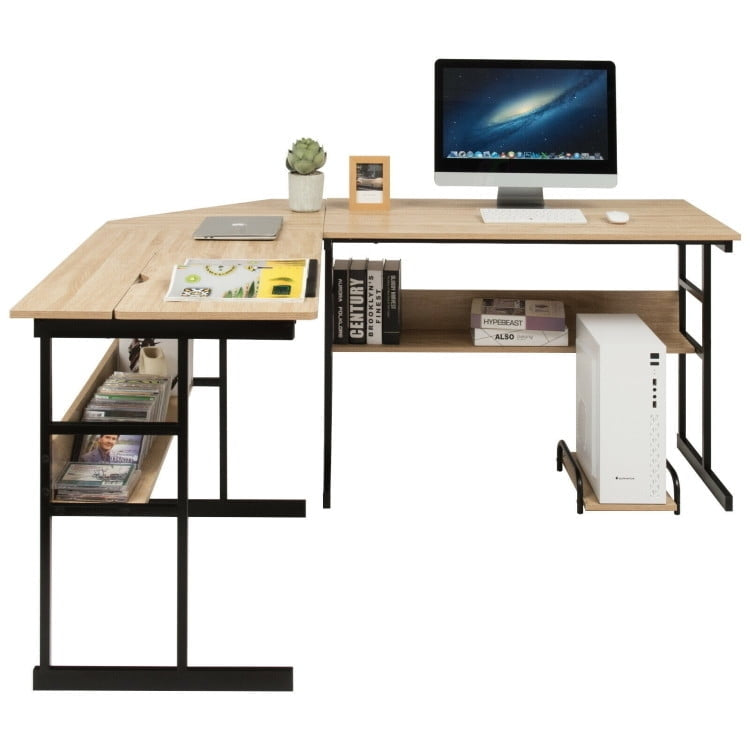 Hommoo L-Shaped Computer Desk with Tiltable Tabletop-Natural, Home Office Desks, Gaming Computer Desks for Image 1