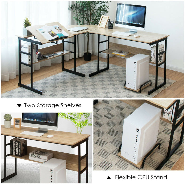 Hommoo L-Shaped Computer Desk with Tiltable Tabletop-Natural, Home Office Desks, Gaming Computer Desks for Image 3