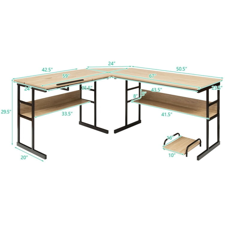 Hommoo L-Shaped Computer Desk with Tiltable Tabletop-Natural, Home Office Desks, Gaming Computer Desks for Image 5