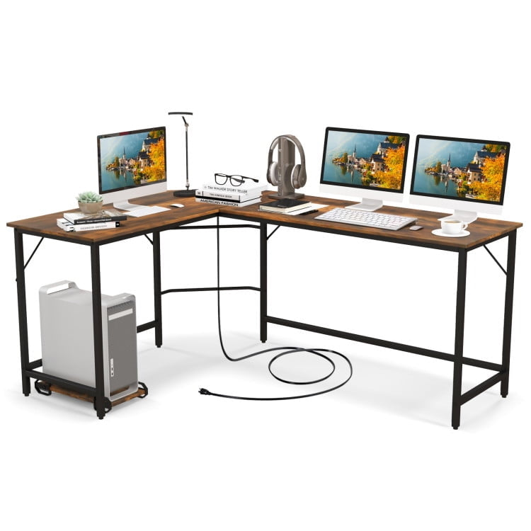 Hommoo L-Shaped Computer Desk with CPU Stand Power Outlets and USB Ports-Rustic Brown, Gaming Computer Desks for Image 1