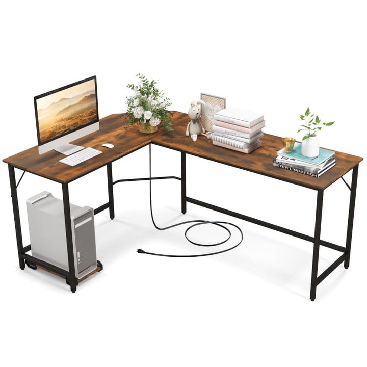 Hommoo L-Shaped Computer Desk with CPU Stand Power Outlets and USB Ports-Rustic Brown, Gaming Computer Desks for Image 3