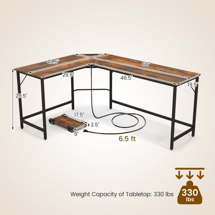 Hommoo L-Shaped Computer Desk with CPU Stand Power Outlets and USB Ports-Rustic Brown, Gaming Computer Desks for Image 4