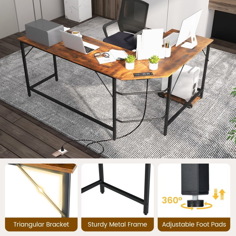 Hommoo L-Shaped Computer Desk with CPU Stand Power Outlets and USB Ports-Rustic Brown, Gaming Computer Desks for Image 5