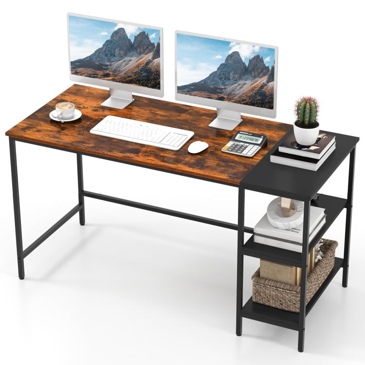 Hommoo 55 Inch Modern Industrial Style Study Writing Desk with 2 Storage Shelves-Brown, Gaming Computer Desks for Image 1