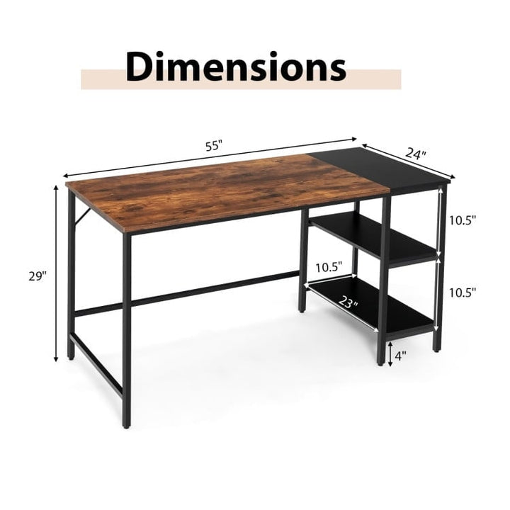 Hommoo 55 Inch Modern Industrial Style Study Writing Desk with 2 Storage Shelves-Brown, Gaming Computer Desks for Image 3