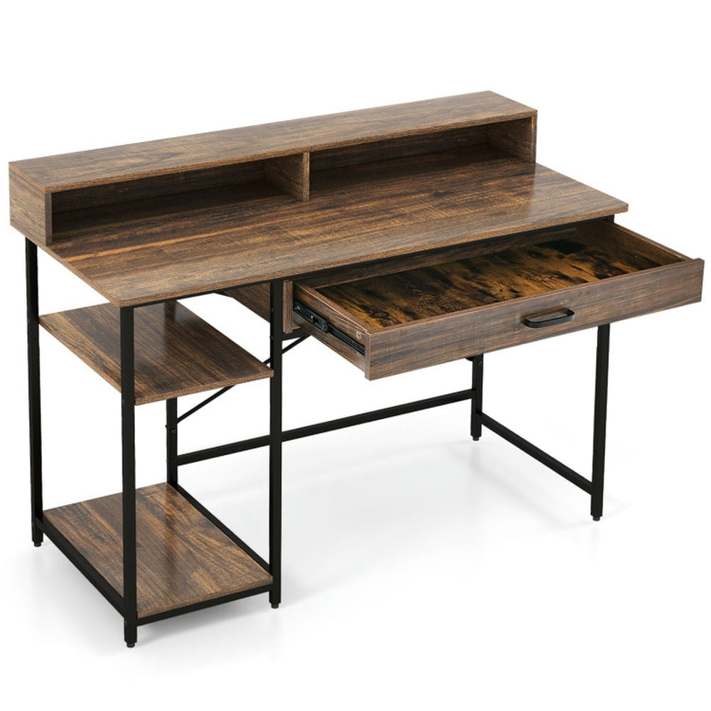 Hommoo 48 Inch Computer Desk with Monitor Stand Drawer and Shelves-Rustic Brown, Gaming Computer Desks for Image 1