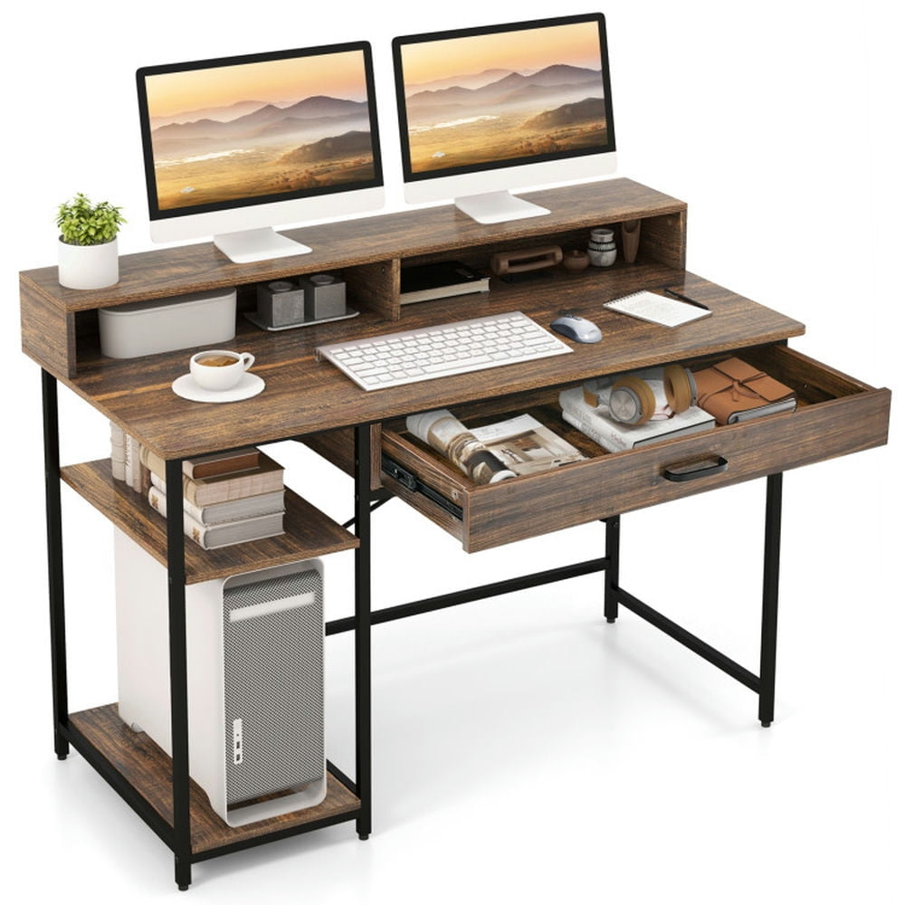 Hommoo 48 Inch Computer Desk with Monitor Stand Drawer and Shelves-Rustic Brown, Gaming Computer Desks for Image 2