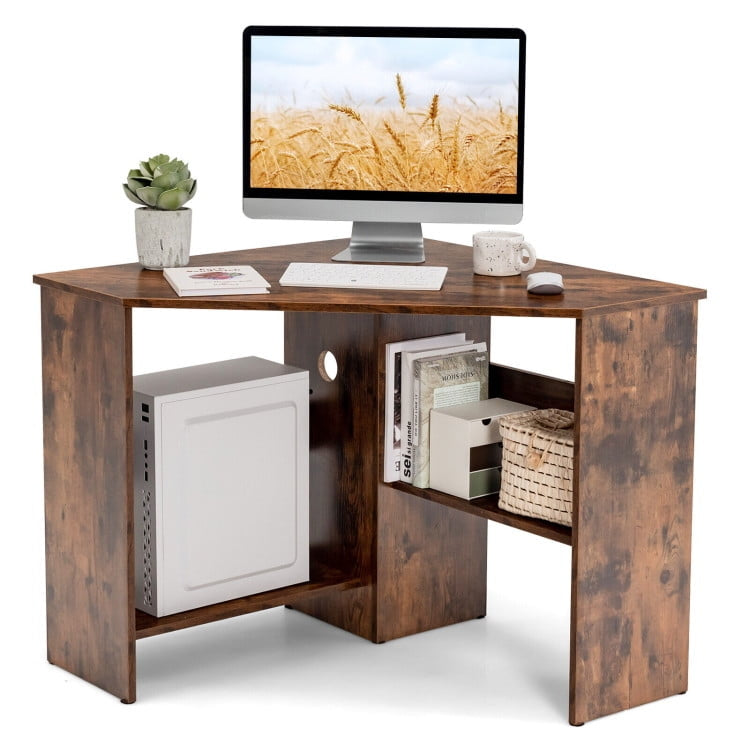 Hommoo Corner Computer Desk Triangle Writing Workstation with Storage Shelf-Rustic Brown, Gaming Computer Desks for Image 1