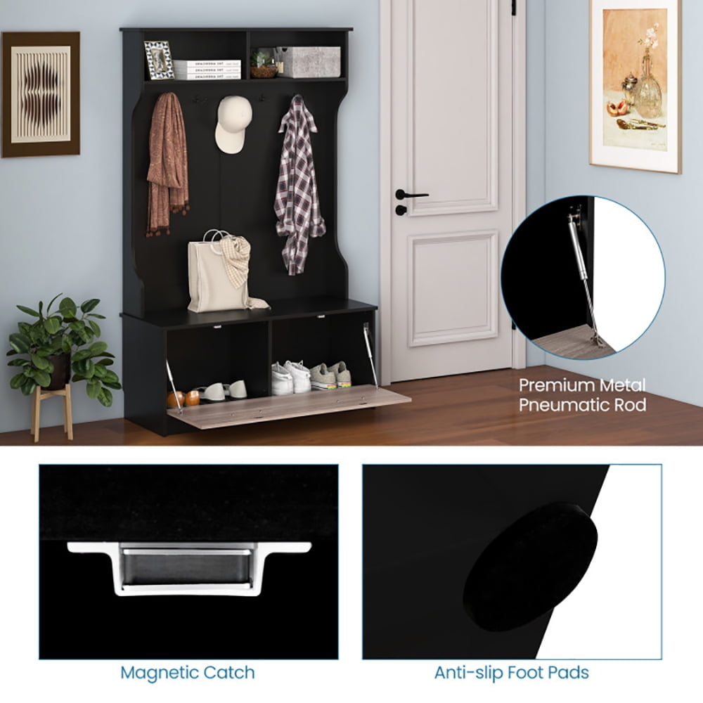 Hommoo 3 in 1 Coat Rack with Entryway Bench and Hooks and Enclosed Cabinet-Black Image 2