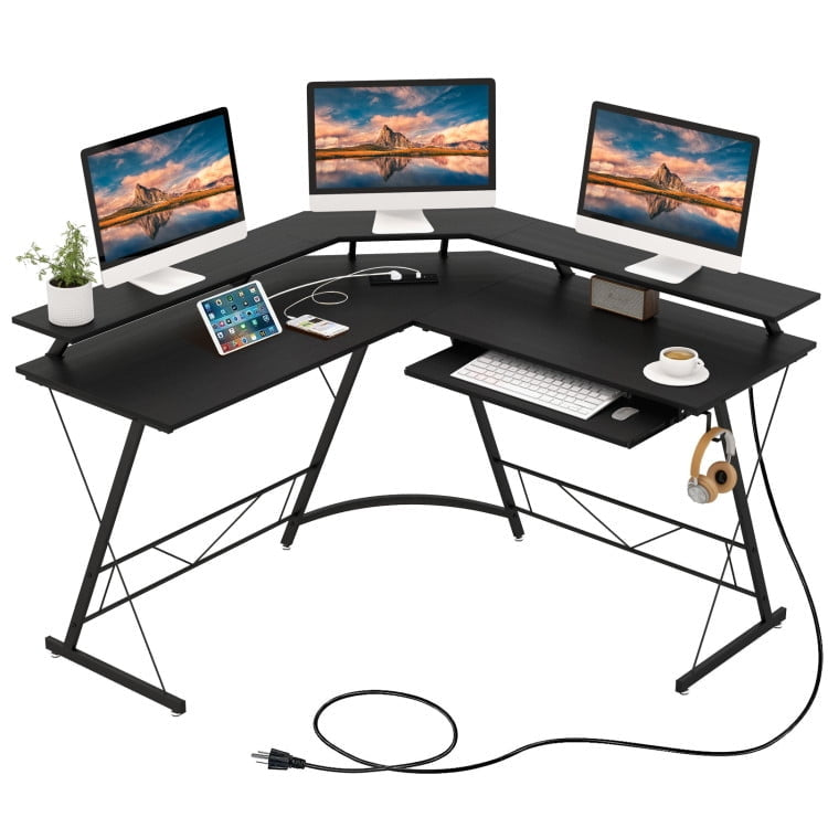 Hommoo L-shaped Computer Desk with Power Outlet and Monitor Stand-Black, Home Office Desks, Gaming Computer Desks for Image 1