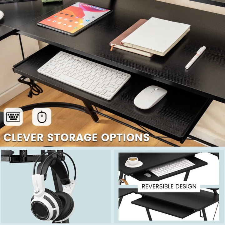 Hommoo L-shaped Computer Desk with Power Outlet and Monitor Stand-Black, Home Office Desks, Gaming Computer Desks for Image 2