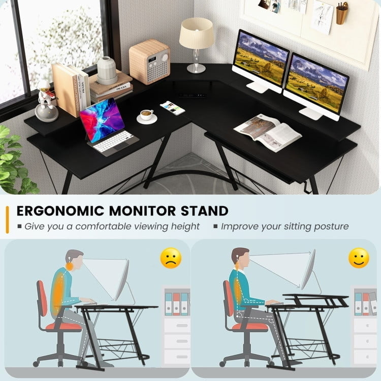 Hommoo L-shaped Computer Desk with Power Outlet and Monitor Stand-Black, Home Office Desks, Gaming Computer Desks for Image 4