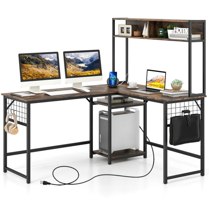 Hommoo L-shaped Desk with Power Outlet Hutch-Rustic Brown, Home Office Desks, Gaming Computer Desks for Image 1