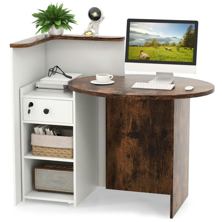 Hommoo Front Reception Office Desk with Open Shelf and Lockable Drawer-Brown and White, Gaming Computer Desks for Image 1