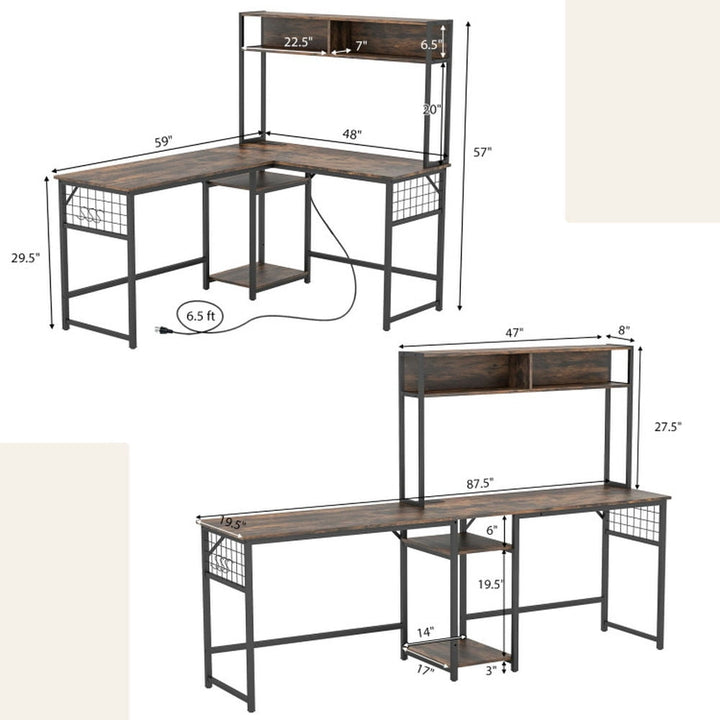 Hommoo L-shaped Desk with Power Outlet Hutch-Rustic Brown, Home Office Desks, Gaming Computer Desks for Image 6