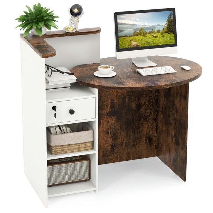 Hommoo Front Reception Office Desk with Open Shelf and Lockable Drawer-Brown and White, Gaming Computer Desks for Image 4