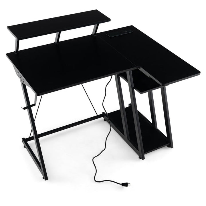 Hommoo L Shaped Gaming Desk with Outlets and USB Ports-Black, Home Office Desks, Gaming Computer Desks for Image 1