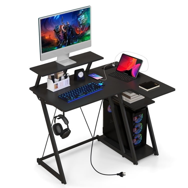 Hommoo L Shaped Gaming Desk with Outlets and USB Ports-Black, Home Office Desks, Gaming Computer Desks for Image 5