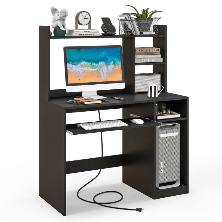 Hommoo Home Office Computer Desk with Bookcase Keyboard Tray and CPU Stand-Black, Gaming Computer Desks for Image 1