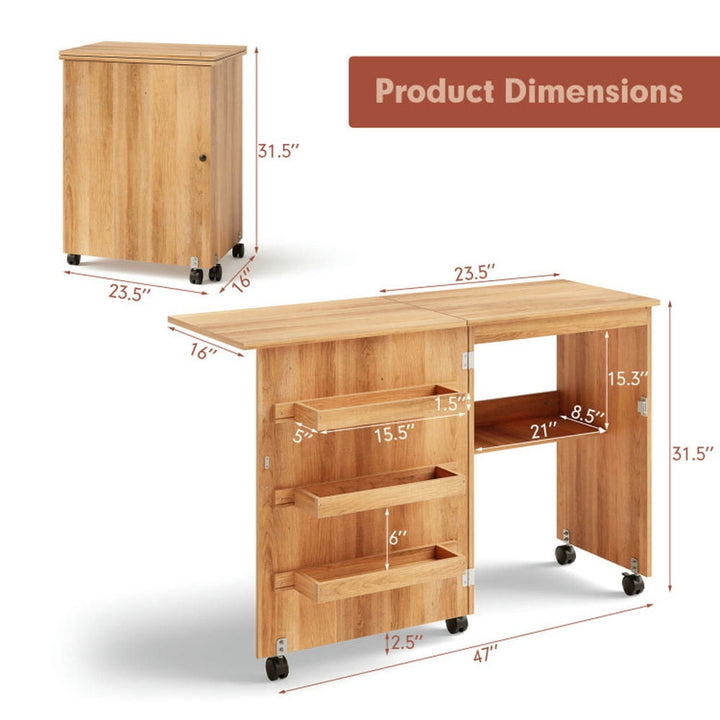 Hommoo Folding Sewing Craft Table Shelf Storage Cabinet Home Furniture-Natural, Gaming Computer Desks for Image 4