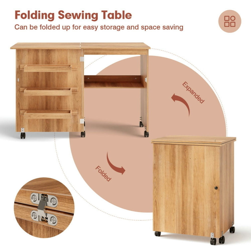 Hommoo Folding Sewing Craft Table Shelf Storage Cabinet Home Furniture-Natural, Gaming Computer Desks for Image 6