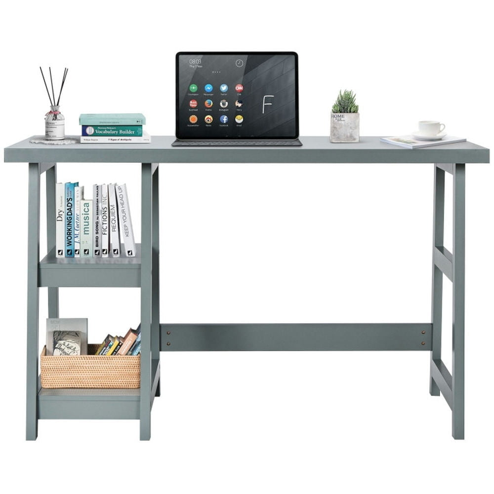 Hommoo Wooden Trestle Computer Desk with 2-Tier Removable Shelves-Gray, Home Office Desks, Gaming Computer Desks for Image 1