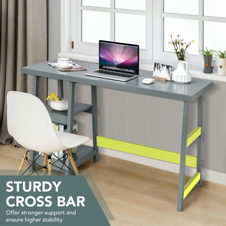 Hommoo Wooden Trestle Computer Desk with 2-Tier Removable Shelves-Gray, Home Office Desks, Gaming Computer Desks for Image 3