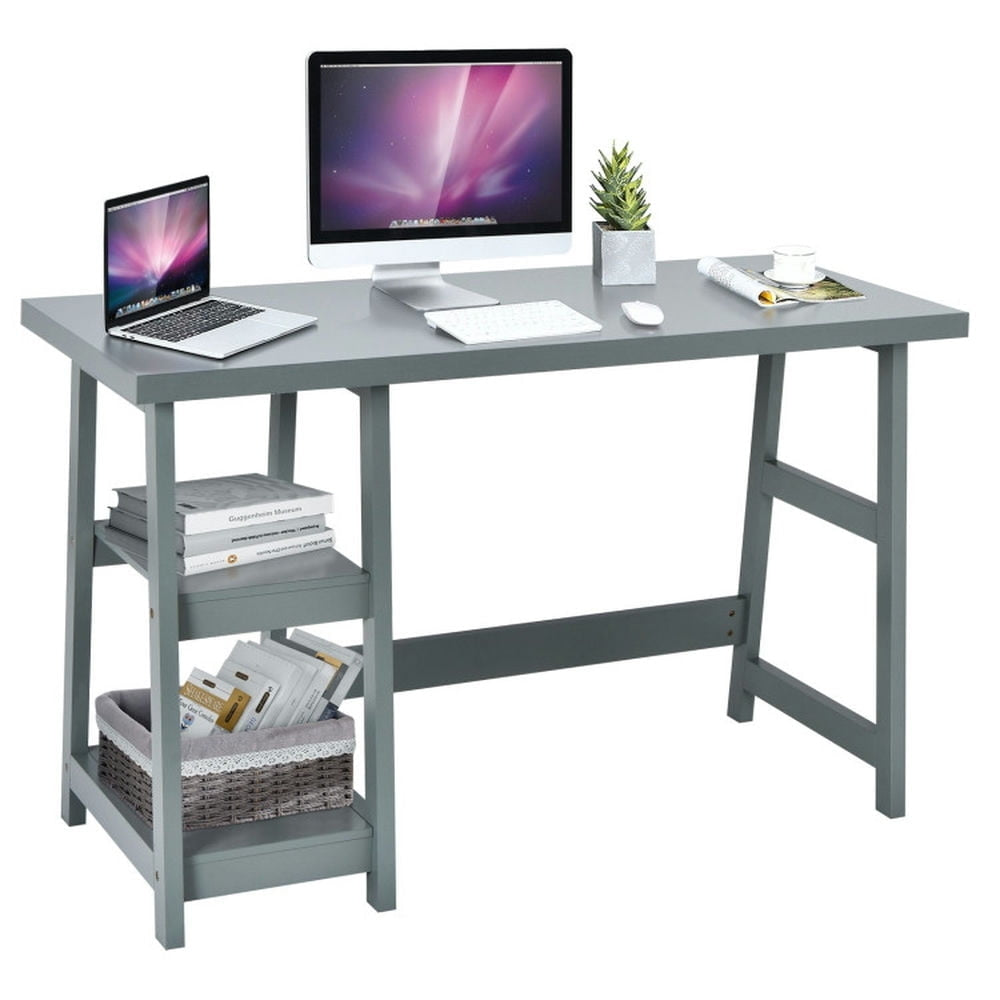 Hommoo Wooden Trestle Computer Desk with 2-Tier Removable Shelves-Gray, Home Office Desks, Gaming Computer Desks for Image 4